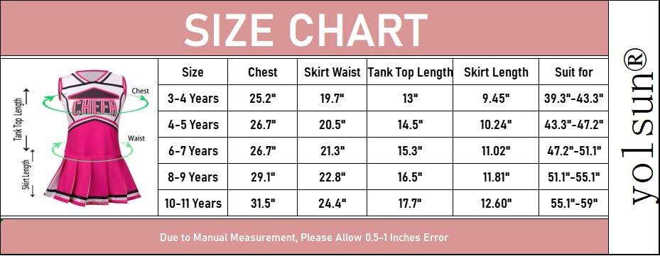 Yolsun Cheerleader Costume For Girls, Kids Cheerleading Outfit, Child High School Cheer Leader Dress Up Halloween Party Role Pla