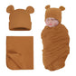 Pesaat Baby Swaddle Hat Set Bear Ears Boys Girls Beanie Newborn Baby Receiving Blanket Autumn Winter (Coffee(Hat+Swaddle), 0-6 M