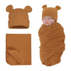 Pesaat Baby Swaddle Hat Set Bear Ears Boys Girls Beanie Newborn Baby Receiving Blanket Autumn Winter (Coffee(Hat+Swaddle), 0-6 M