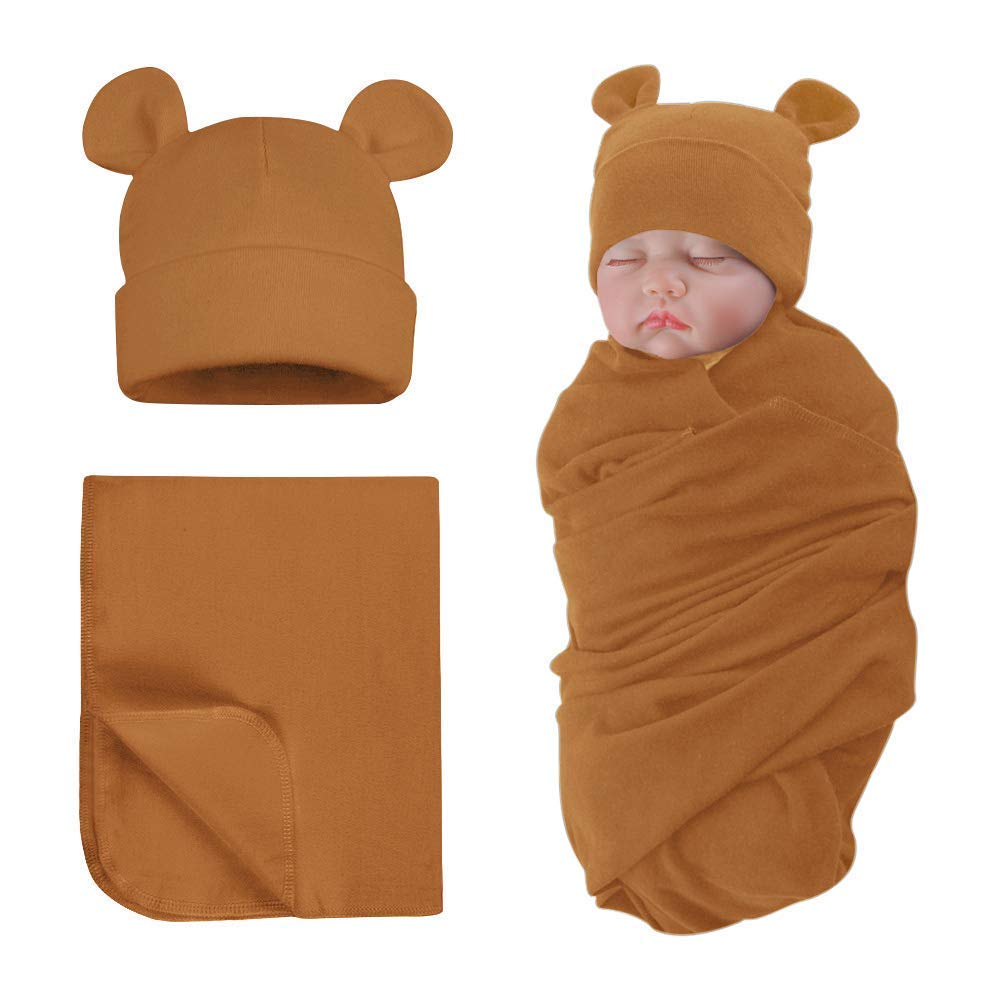 Pesaat Baby Swaddle Hat Set Bear Ears Boys Girls Beanie Newborn Baby Receiving Blanket Autumn Winter (Coffee(Hat+Swaddle), 0-6 M