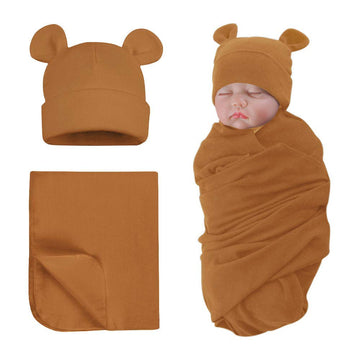 Pesaat Baby Swaddle Hat Set Bear Ears Boys Girls Beanie Newborn Baby Receiving Blanket Autumn Winter (Coffee(Hat+Swaddle), 0-6 M