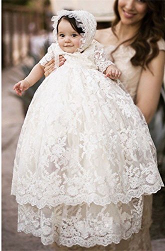 Long Ivory Christening Gown For Baby Girls Lace Baptism Dress With Bonnet 9M