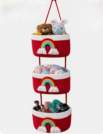 3Tier Hanging Cotton Rope Storage Baskets, Red and White, Rainbow Theme with Tassels, for Kids Room,office,launge