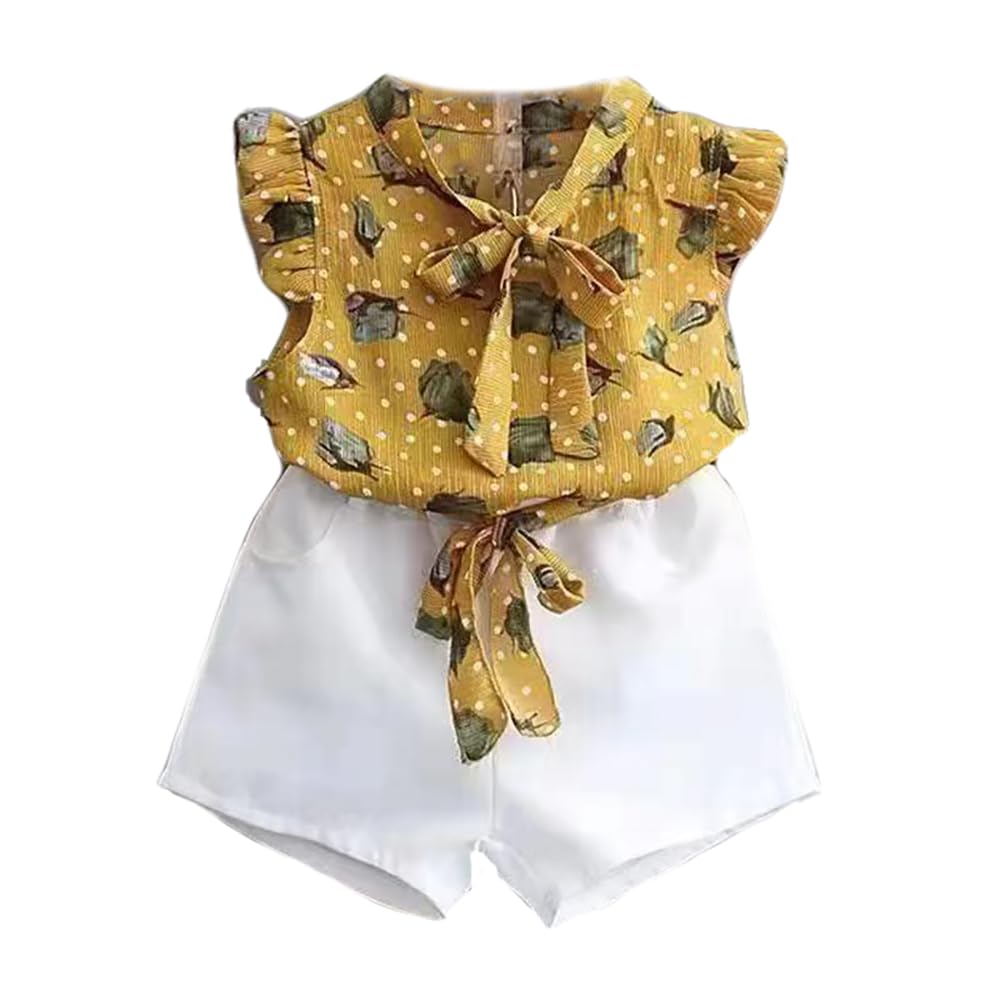 Bold N Elegant Cute Flower Printed Girls Cotton Sleeveless Top And Shorts Clothing Set For Infant Toddler Baby Girl (Yellow  Wh