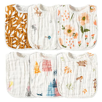 Zainpe 6Pcs Muslin Cotton Bibs For Baby Flower Bunny Deer Adjustable Machine Washable Neutral Burp Cloths With 6 Absorbent Soft