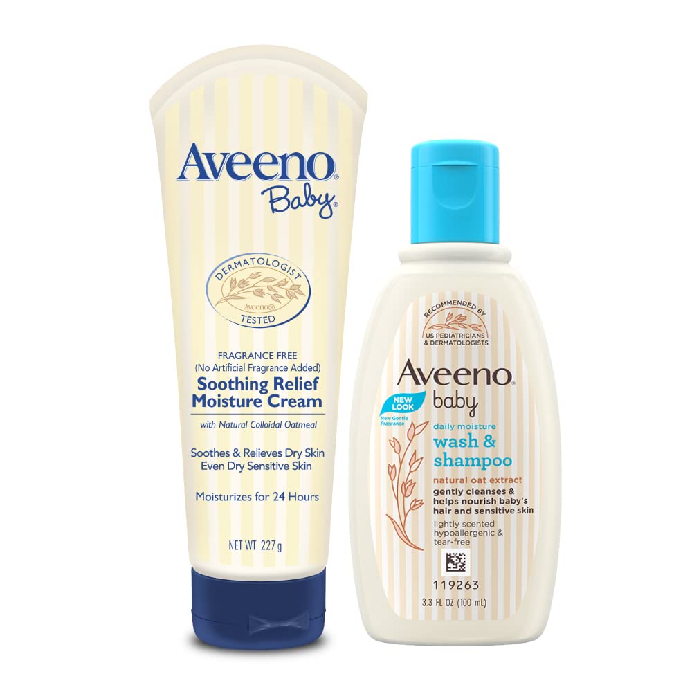 Combo Pack Aveeno Baby Soothing Relief Moisture Cream (227G) + Wash And Shampoo (100Ml) | With Natural Oat Extract | Hypoallerge