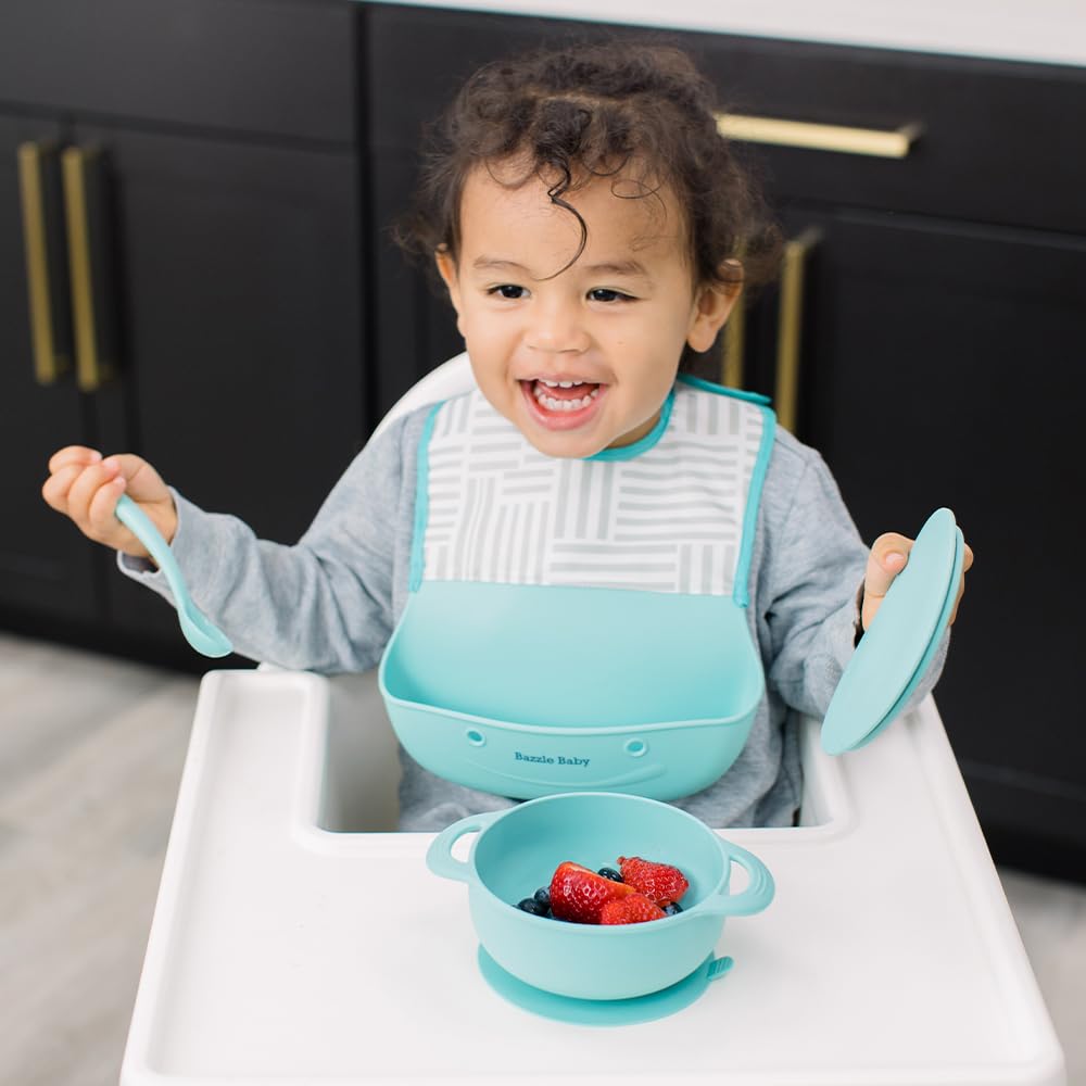 Bazzle Baby Foodie Feeding Set Silicone Roll Up Bib With Food Catcher Suction Plate Bowl Lid And Spoon