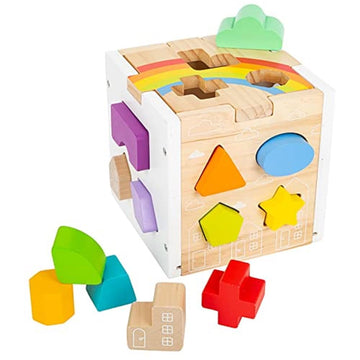 Wooden Rainbow Shape Sorter Cube - Sorting Toy with 13 Geometric Shapes & Removable Lid - Educational Game for Dexterity & Fine 
