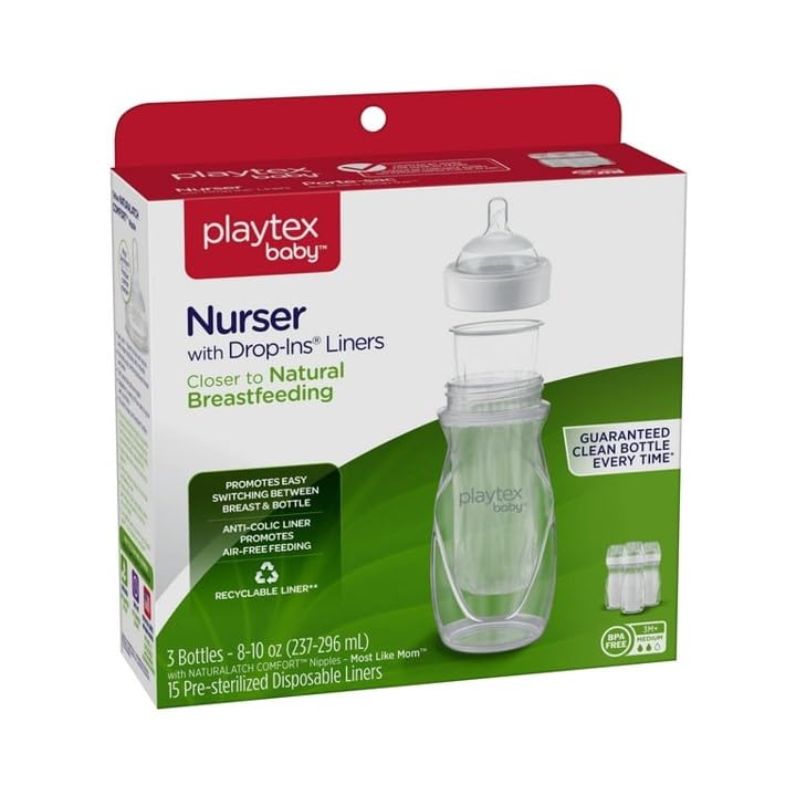 Playtex Baby Anti-Colic Nurser Bottle With Pre-Sterilized Disposable Drop-Ins Liners, Closer To Breastfeeding, 8 Oz Bottles, 3 C