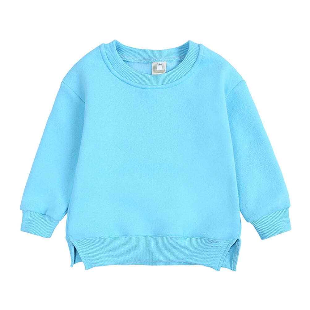 Rukosu Toddler Baby Boy Girl Fleece Pullover Sweatshirt Solid Color Crewneck Blouse Shirt Tops Warm Fall Winter Clothes Blue 4-5