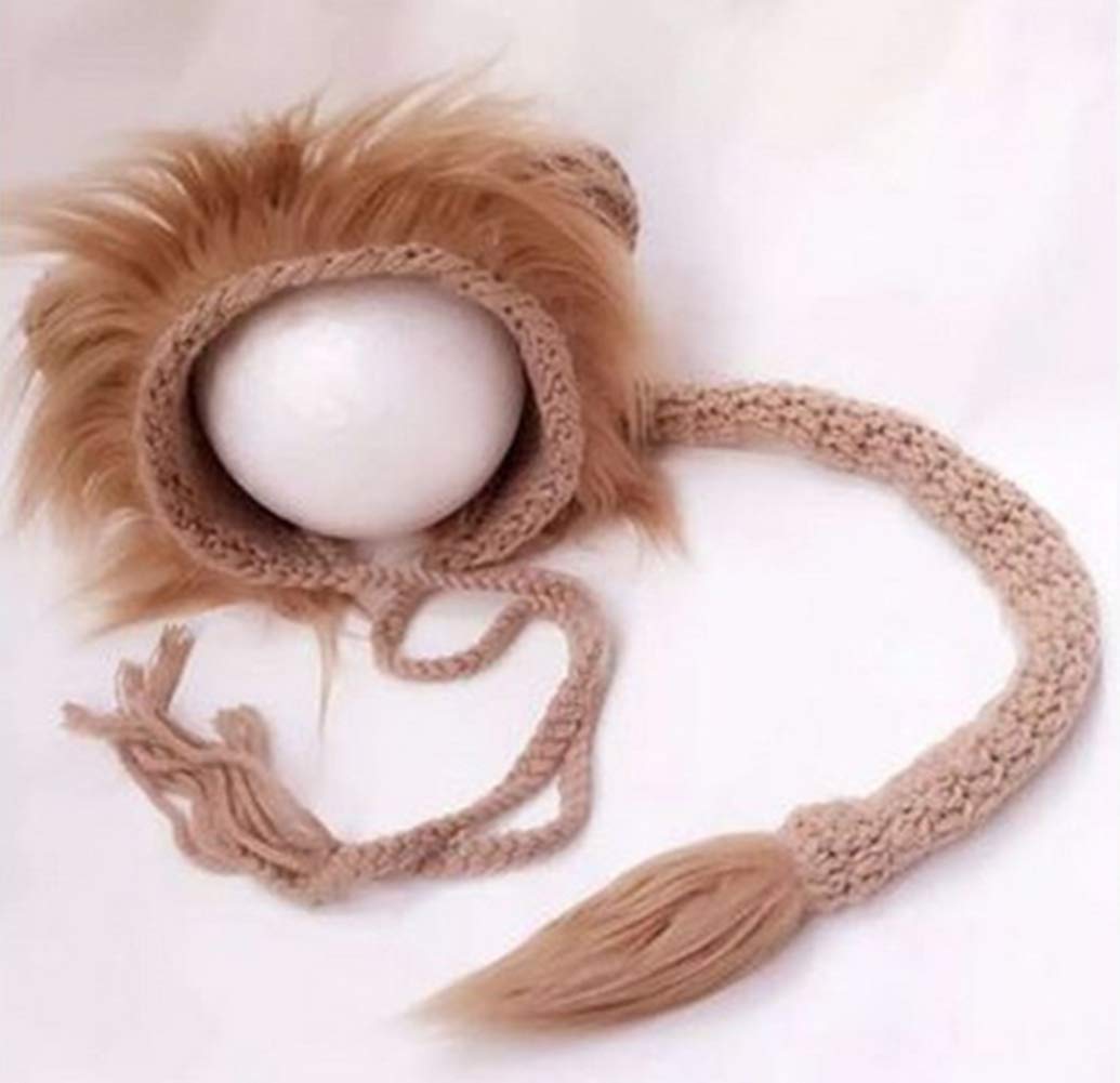 Vemonllas Newborn Photography Props Outfits Boys Girls Crochet Knitted Lion Bonnets Hat & Tail Baby Photo Props Set