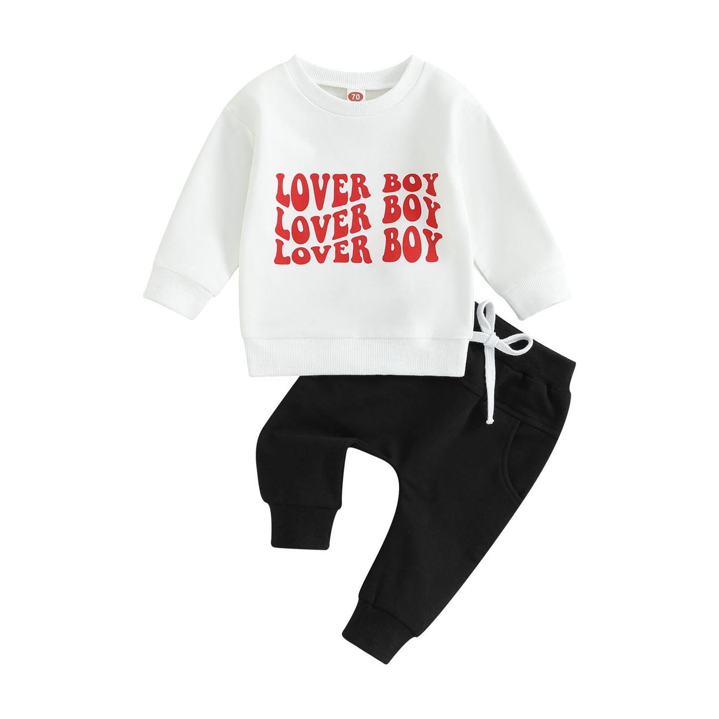 KOSUSANILL Baby Boy Valentines Day Outfit Solid Color Letter Print Sweatshirt Top Drawstring Pants 2PCS Clothes Set (Z-White, 12