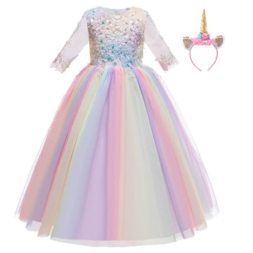 Myrisam Unicorn Costume Princess Birthday Pageant Party 3/4 Sleeve Maxi Tulle Halloween Christmas Fancy Dress Up Outfits Rainbow