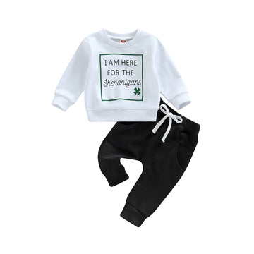 Baby Boy Fall Clothes Set Long Sleeve Letter Print Sweatshirt Pants St Patricks Outfits 6 12 18 24 Months 2T (Clover White, 6-12