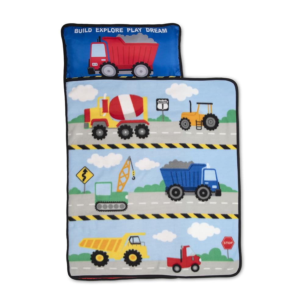 Funhouse Construction Area Trucks Kids Nap Mat Set - Includes Removable Pillow and Fleece Blanket - Great for Boys Napping Durin