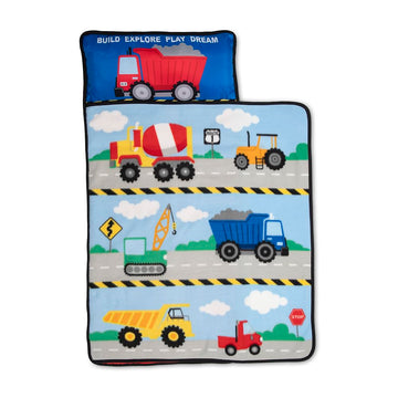 Funhouse Construction Area Trucks Kids Nap Mat Set - Includes Removable Pillow and Fleece Blanket - Great for Boys Napping Durin