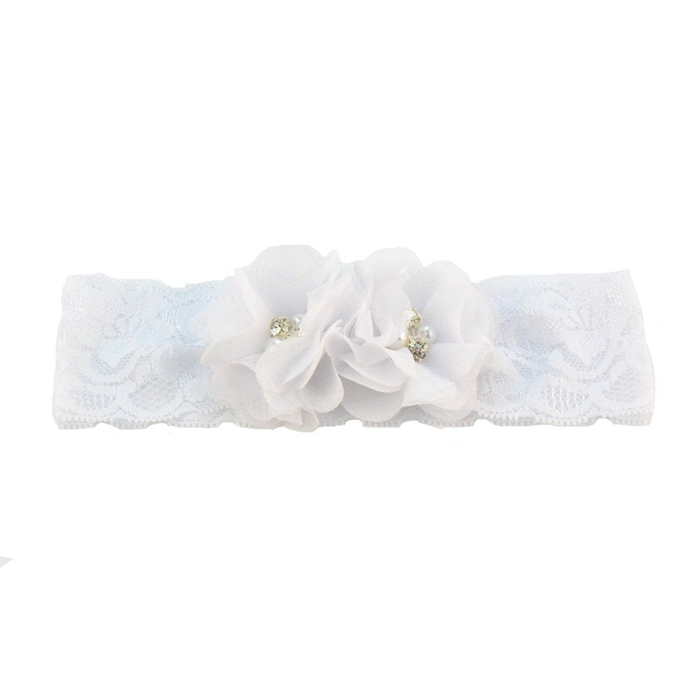 Baby Girls Lace Headband With Double Chiffon Flowers Pearl Hairband Headwrap Ja68 (White)