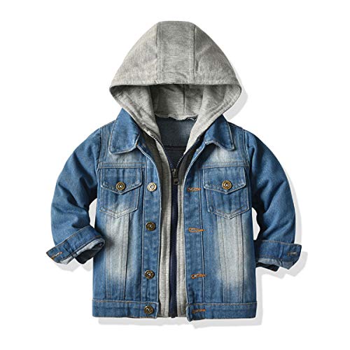 SOFEON Toddler Baby Boy Girls Denim Jacket Button Down Basic Ripped Hoodie Jeans Coat Kid Cowboy Outwear Casual Clothes (Hoodie-