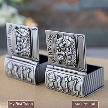 First Curl And First Tooth Keepsake Box For Kids Metallic Engraved Cute Shape, Silver Tooth Holder, Tooth Collection Organizer,