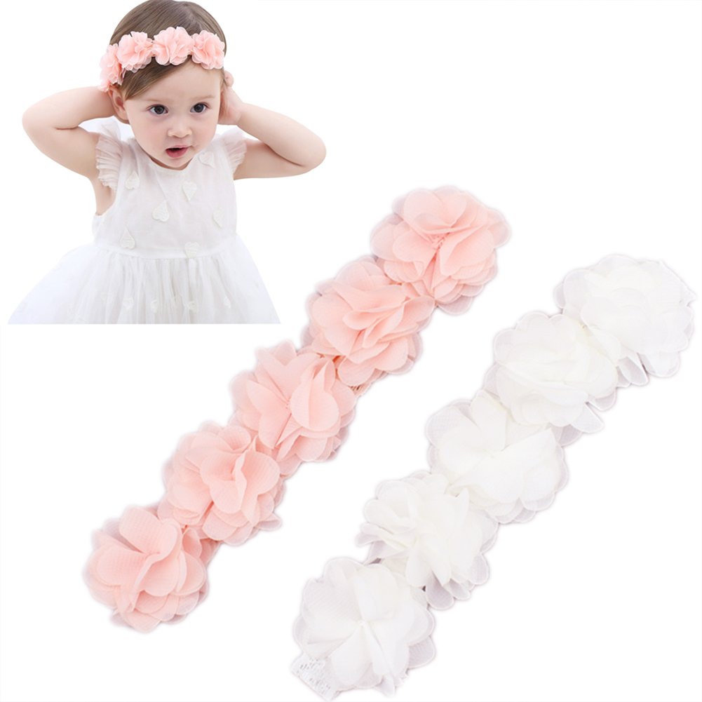 Asufegucd Baby Toddler Elastic Chiffon Flower Headbands Princess Girls Hand Sewing Beads Flower Headwear Nylon (Qj11 White Pink)