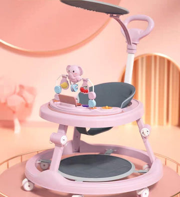 4 in 1 Folding Baby Walker, Activity Walker for Boys Girls, Learning-Seated, Toddler Walk-Behind w/Music Toys, Adjustable Height
