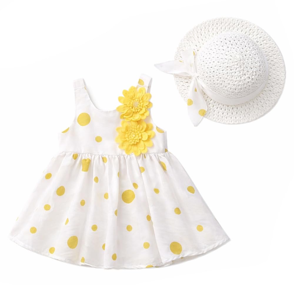 Bold N Elegant Summer Sleeveless Cotton Floral Print Princess Mini Dress Cute Frock With Hat For Infant Toddler Baby Girls (121