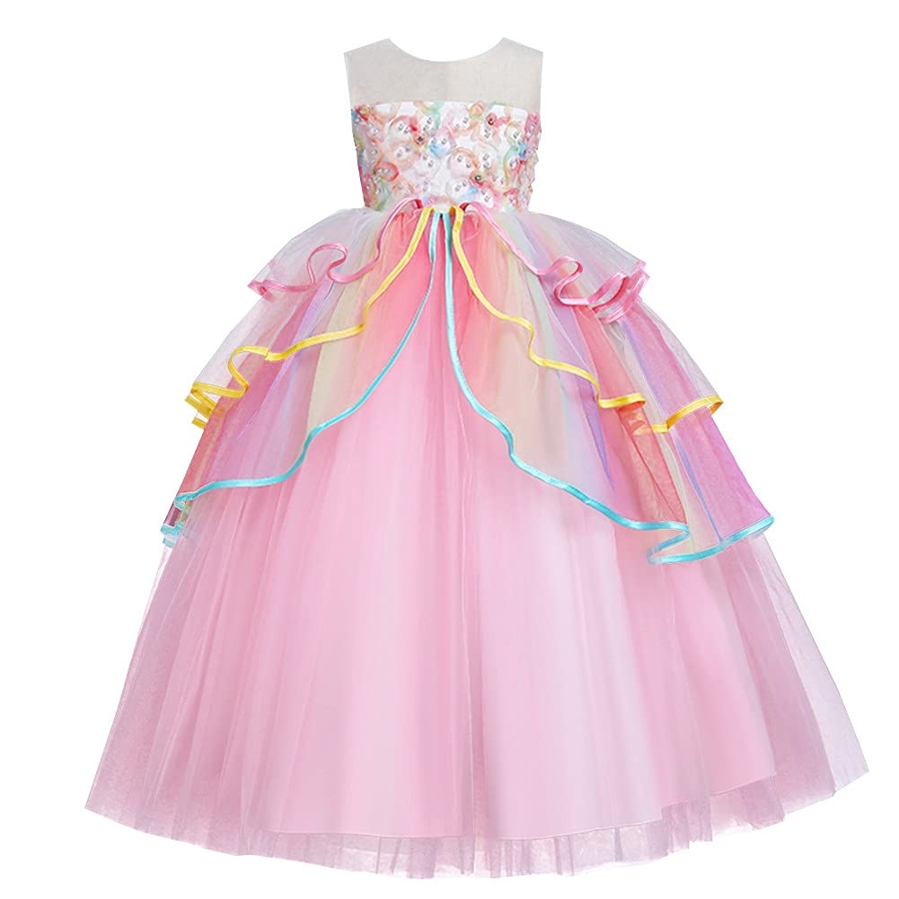 Izkizf Girls Unicorn Costume Flower Princess Long Maxi Tulle Dress W/Headband Birthday Party Halloween Carnival Cosplay Outfits