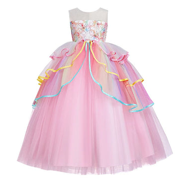 Izkizf Girls Unicorn Costume Flower Princess Long Maxi Tulle Dress W/Headband Birthday Party Halloween Carnival Cosplay Outfits