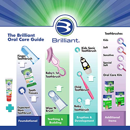 Brilliant Oral Care Babys First Toothbrush, Smooth Silicone Bristles Gently Clean Tender Teeth and Gums, for Ages 4+ Months, Pin