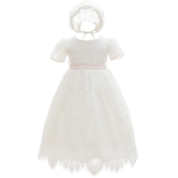 Silver Mermaid Baby Girls Baptism Christening Dress Lace Short Sleeve Wedding Dresses Gown & Bonnet (18M,Ivory White)