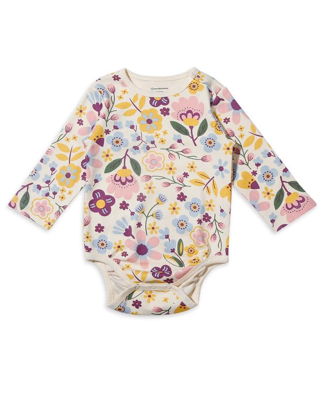 My Milestones Baby Girls 100% Cotton Round Neck Full Sleeves Bodysuit With Floral Print, Soft Crew Neck Body Suit With Bottom Po