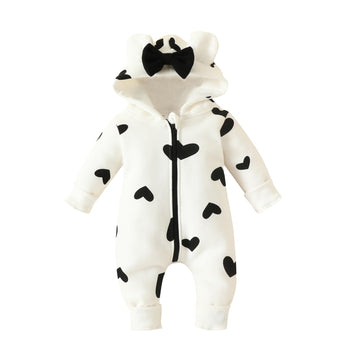 Newborn Baby Girl Hooded Jumpsuit Heart Cow Zip Up Long Sleeve Infant One Piece Romper Snowsuit Valentines Day Outfit (Heart Bla
