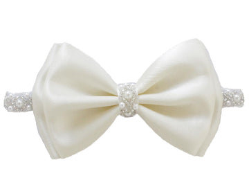 0-12 Newborn Baby Baptism Pearl Headband With Bow In White Christening Headband With Satin Bow, Pearl Rhinestone Band (Cream(6-1