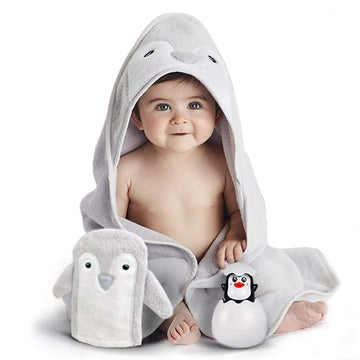 Happy & Sweet Baby Gift Set - Bamboo Viscose Hooded Penguin Bath Towel, Mitt Washcloth, And Squirt Bath Toy For Boys And Girls -
