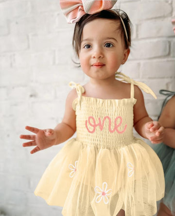 Titkkop Baby Girl 1St Birthday Clothes One Year Old Tulle Romper Sleeveless Bodysuit Cake Smash Outfits(Apricot,12-18M)