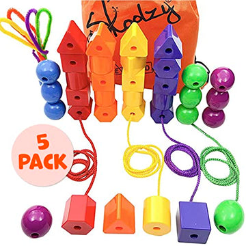Skoolzy Jumbo Lacing Beads 40 Piece Set - 5 Pack - Autism Fine Motor Skills Montessori Toys - 36 String Beads, 4 Strings, Travel