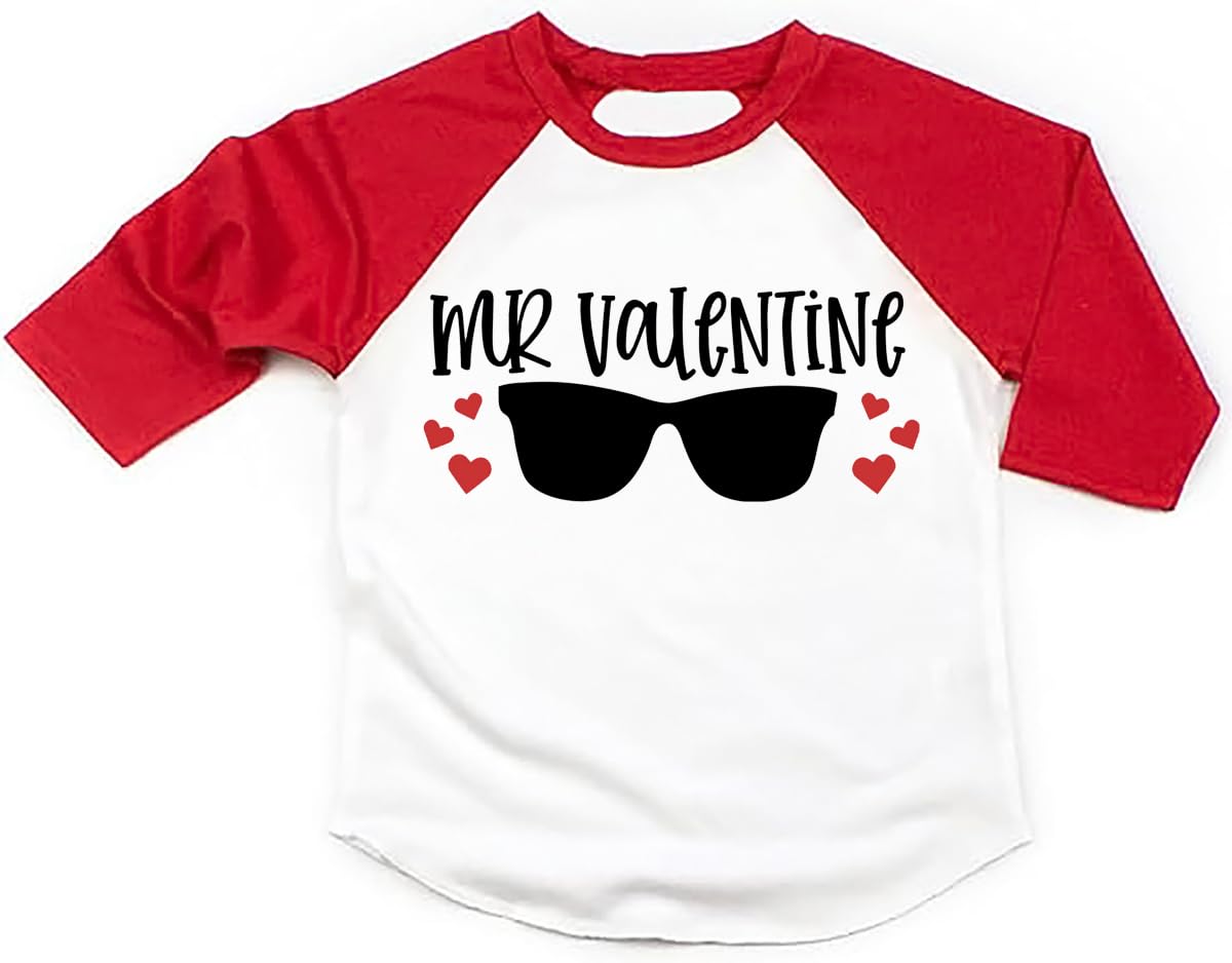 Toddler Boys Valentine'S Day Shirt Mr Valentines Sunglasses Graphic Cotton Outfit Casual 3/4 Raglan Sleeve Tee Tops (2-3T, Red)