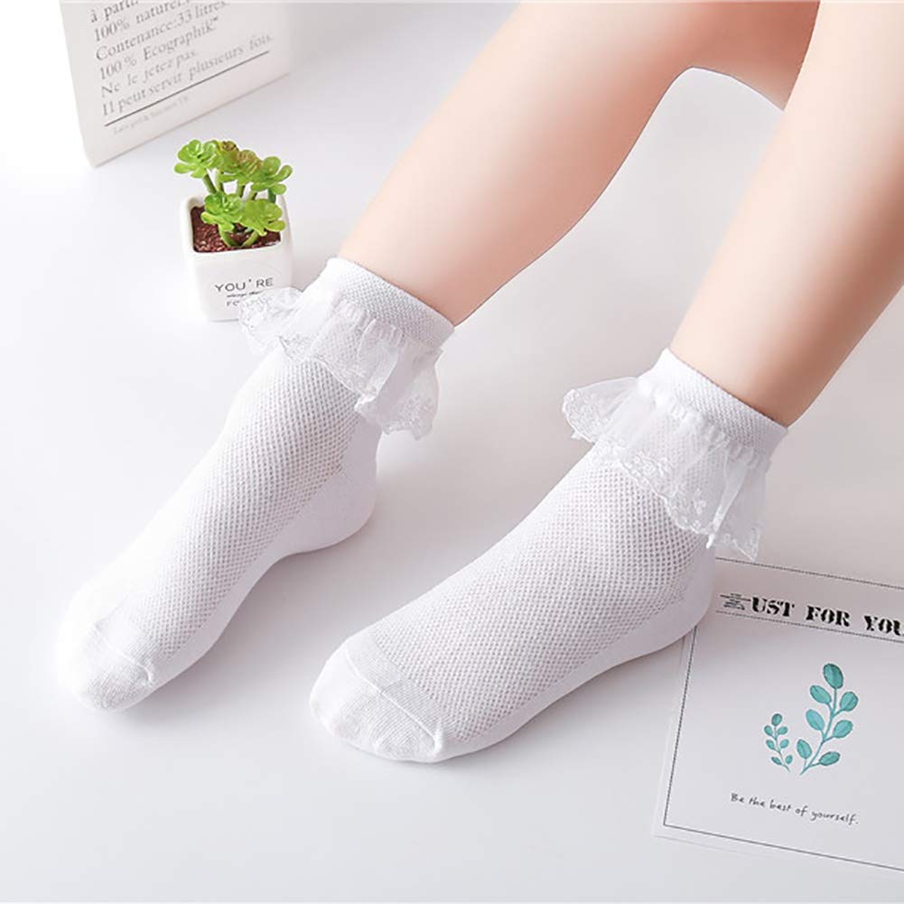 4 Pairs Toddler Baby Girls Lace Princess Socks Cotton Ruffled Solid Ankle Socks White 5-8T