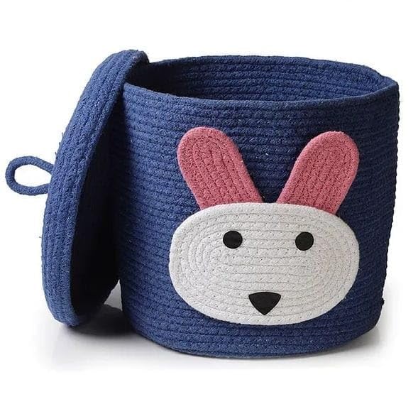 VELVET VIBE Kids Lid Baskets with Beautiful Characters  Rope Baskets for Baby Diaper, Stuffed Animal Storage (Blue Rabbit)