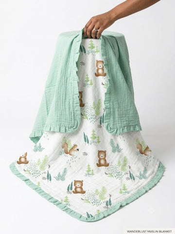 Baby Muslin Blanket with Ruffle Border, Dinosaur Print, Blue, Soft Cotton, Newborn Swaddle (OffWhitePista)
