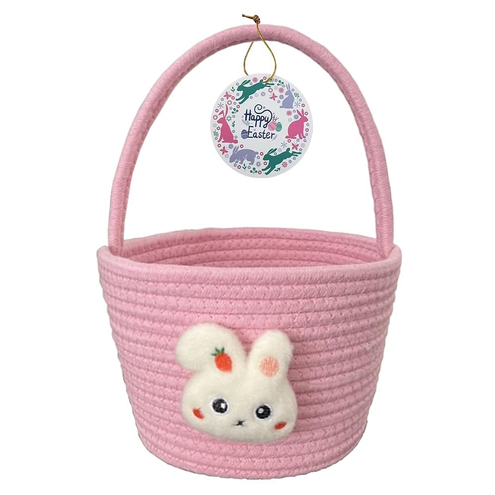 Easter Baskets for Kids Girls: Pink Cotton Woven Bunny Small Easter Basket - Empty Baby Easter Basket with Double Rope Handle - 