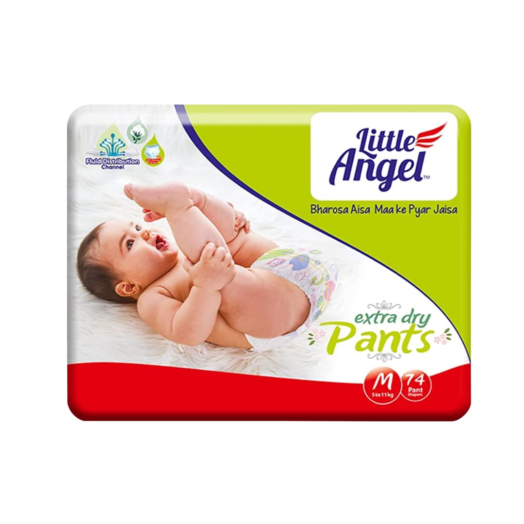 Little Angel Extra Dry Baby Pants Diaper, Medium (M) Size, 74 Count, Super Absorbent Core Up To 12 Hrs Protection & Wetness Indi