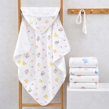 Khillayox Baby Hooded Towel 80x80 cm | 6 Layer Muslin White Soft Absorbent Bath Towel Blanket for Newborn, Infant & Toddler|Hood