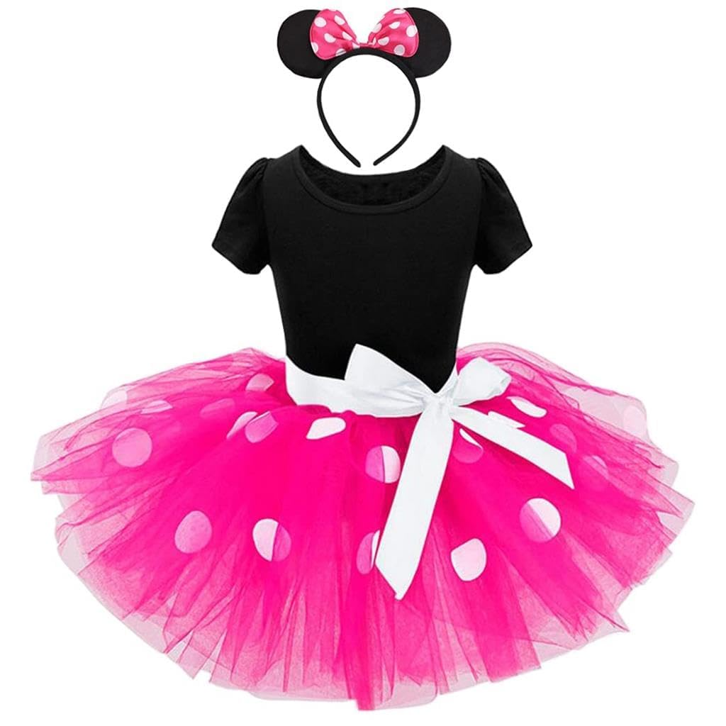 Dressy Daisy Little Girl Costume Polka Dots Fancy Dress Up with Mouse Ears Headband Birthday Party Outfit Size 6-7 Hot Pink 261