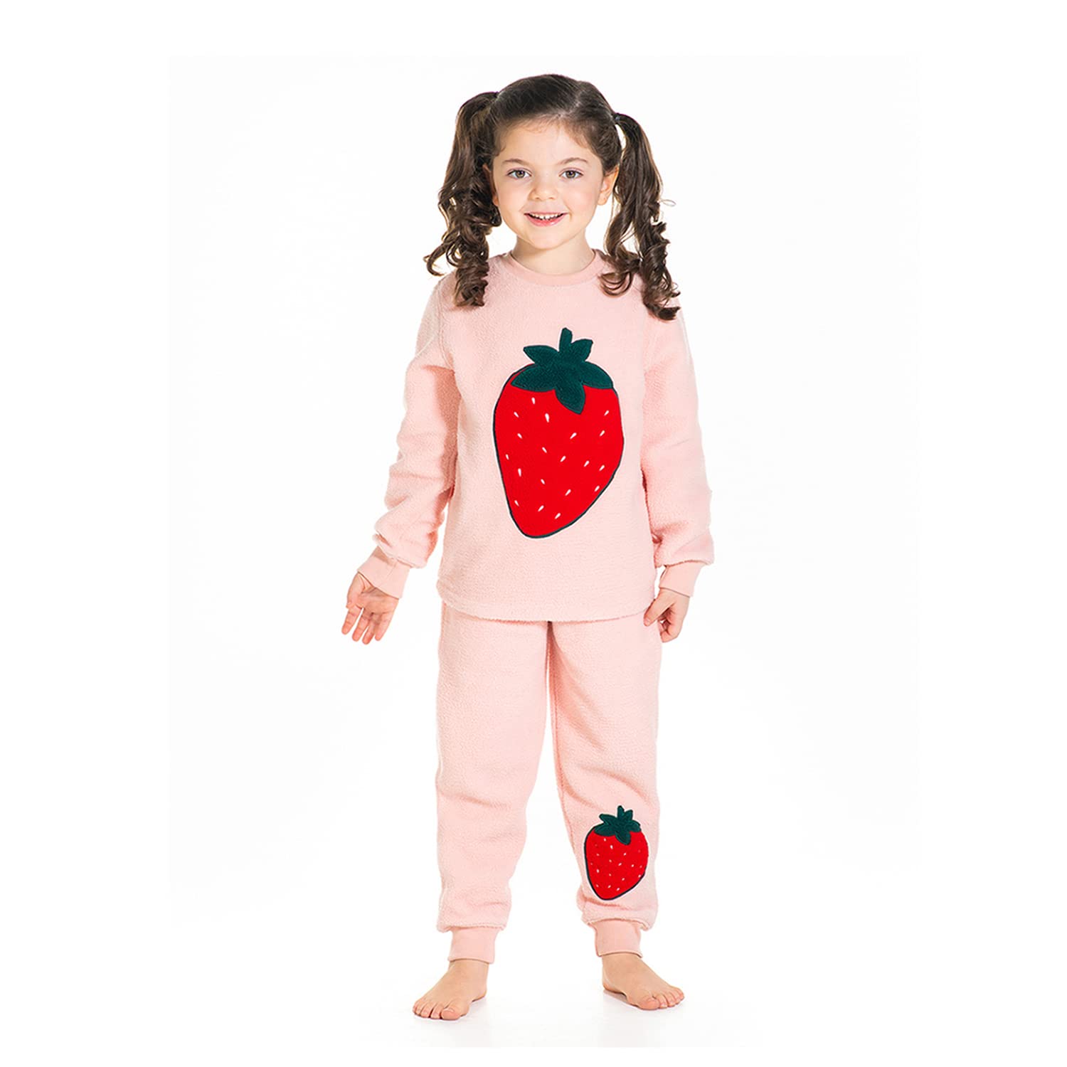 Cherry Crumble Peach Applique Polyester Full Sleeves Round Neck Night Wear Regular Fit Applique Winter Nightsuit for Girls