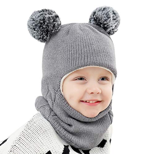 Baby Girls Boys Winter Hat Scarf Earflap Hood Scarves Toddler Kids (Grey-1, 2-5T)