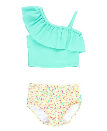 Rufflebutts Baby/Toddler Girls Confetti Beach Island Blue Ruffle Tankini - 3-6M