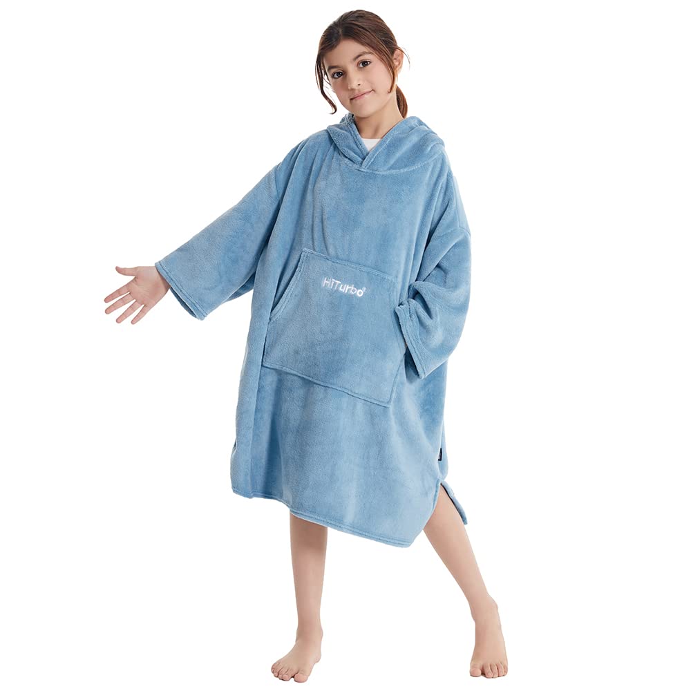 Hiturbo Kids Towel Changing Robe: Soft Plush Wearable Blanket - Warm Coral Fleece Hoodie - Swim Surf Poncho For 5-12 Years (Blue
