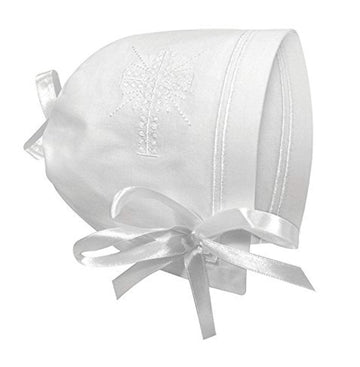 Stephan Baby Bonnets - White Cotton Christening Bonnet With Cutwork Embroidered Cross And Satin Bows, One Size, Straight Hem