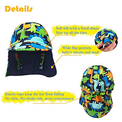Kids Legionnaires Hat, Upf 50+ Sun Protection Swim Cap Flap Hat For Kids, Quick Drying Boys Sun Hat, Dinosaur, 1-2 Years